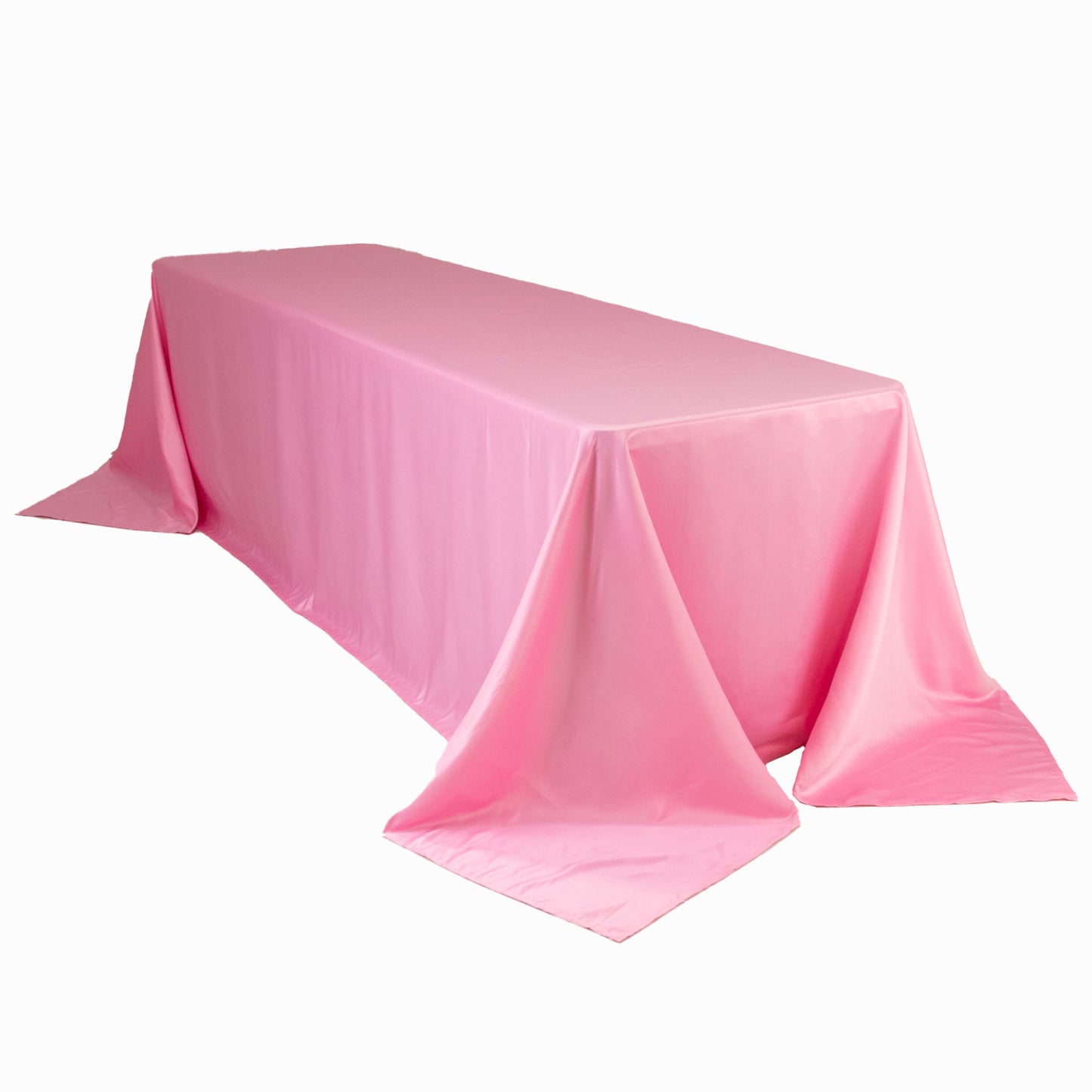 90"x156" pink satin tablecloth for 8-foot table with floor-length drop.