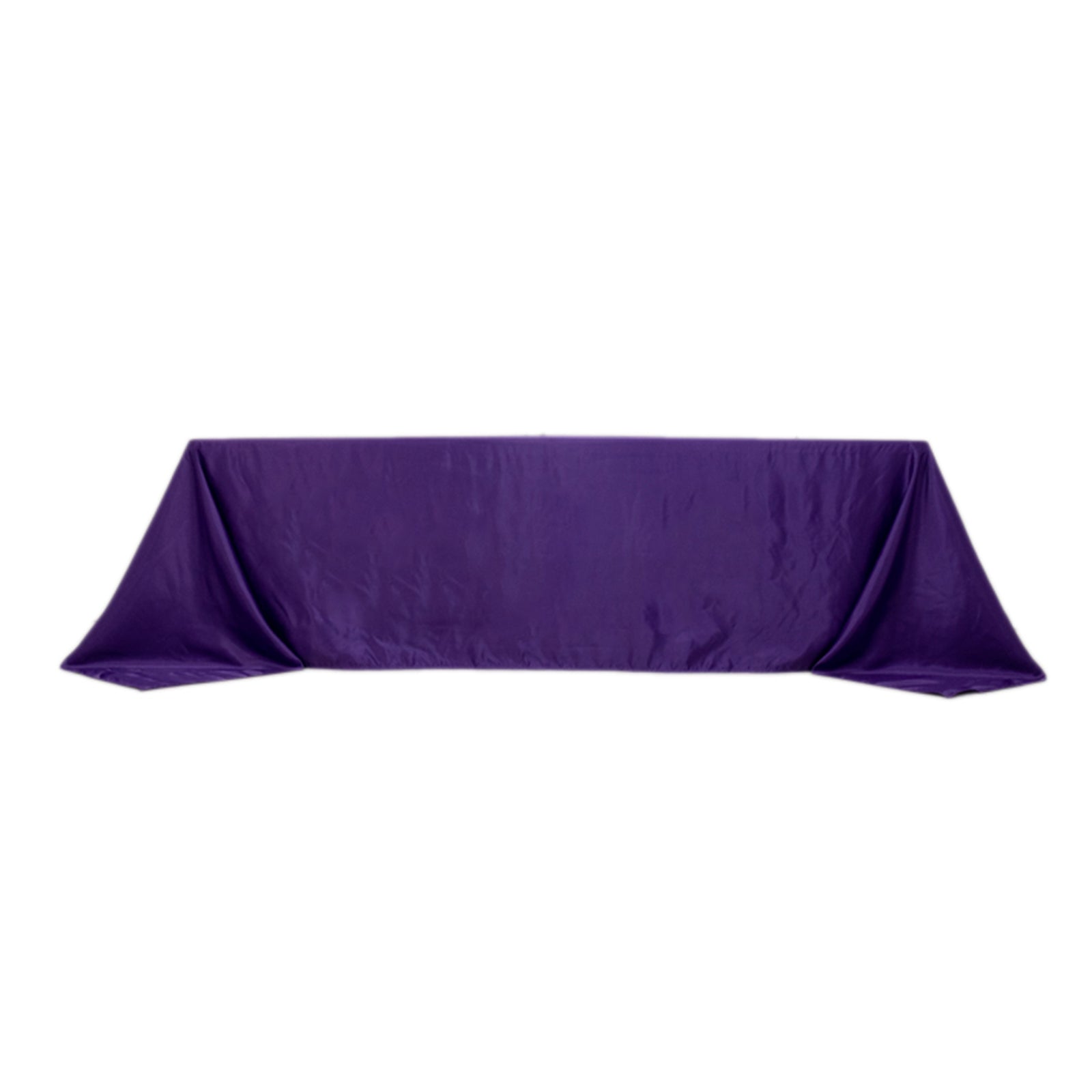 Purple seamless satin tablecloth for 8-foot table with floor-length drop.