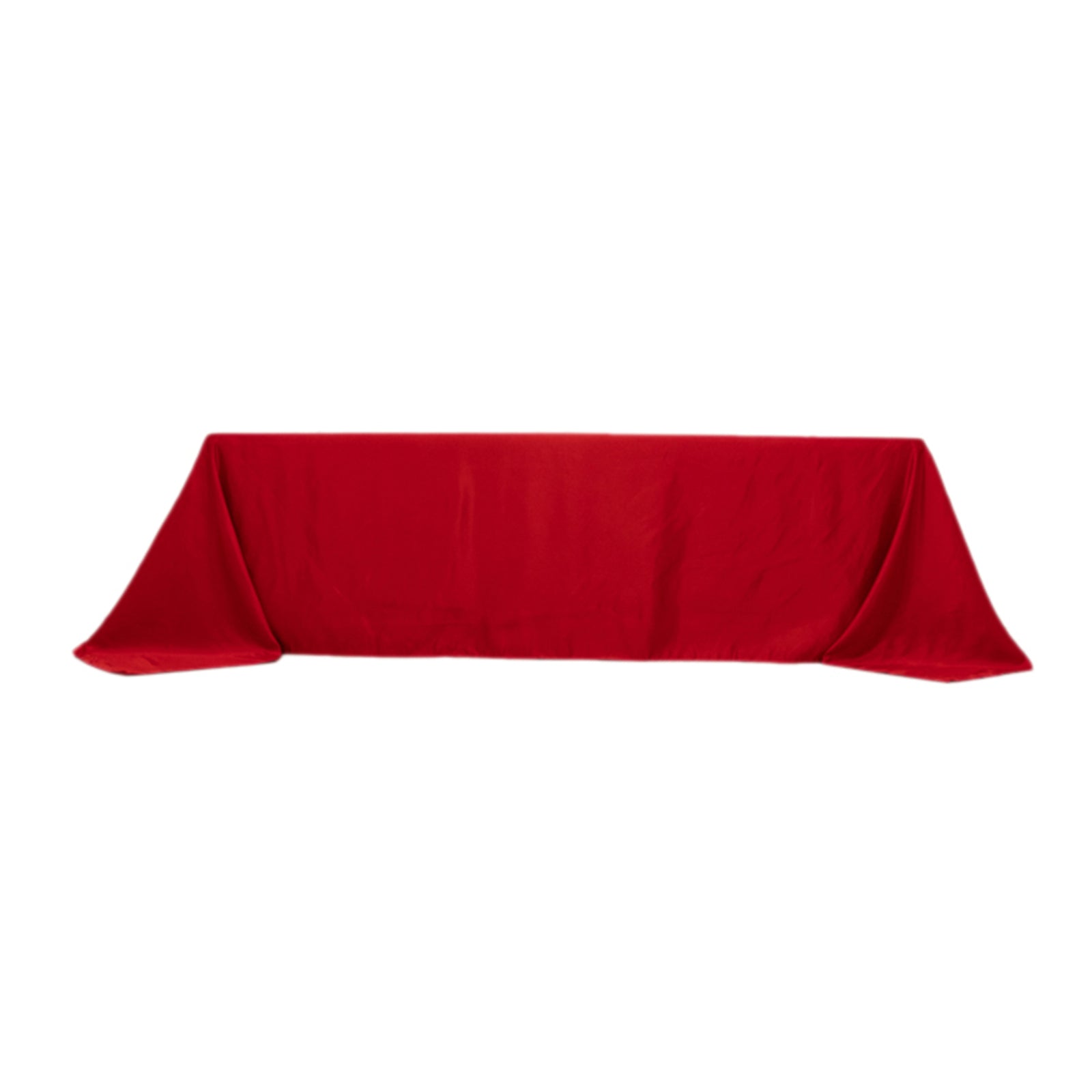 Red satin tablecloth for 8-foot table with floor-length drop.