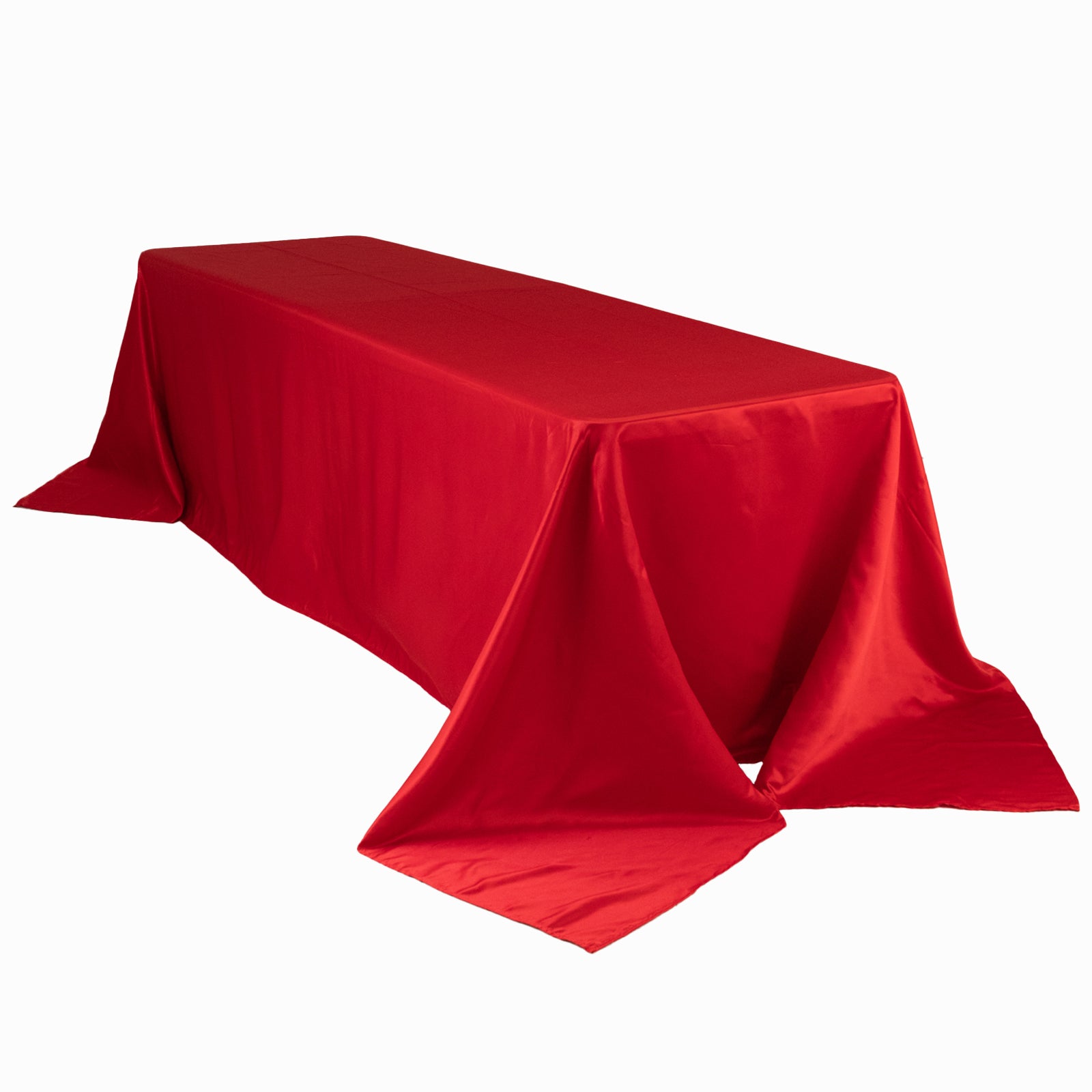 Red satin tablecloth for 8-foot table with floor-length drop.