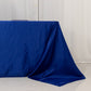 Royal blue satin tablecloth for 8-foot table with floor-length drop.