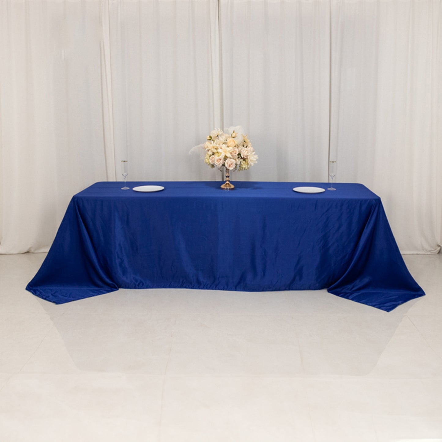 Royal Blue Seamless Satin Tablecloth for 8 Foot Table with Floor-Length Drop