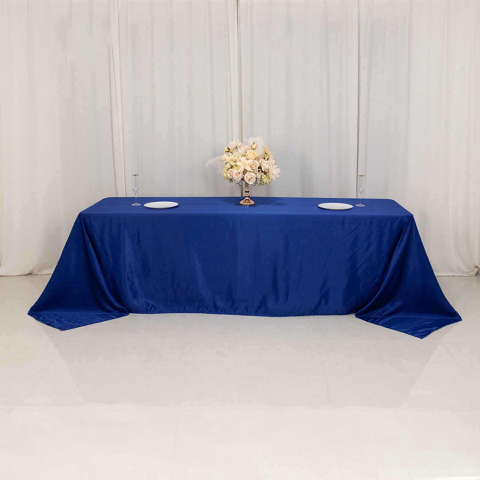 Royal Blue Seamless Satin Tablecloth for 8 Foot Table with Floor-Length Drop