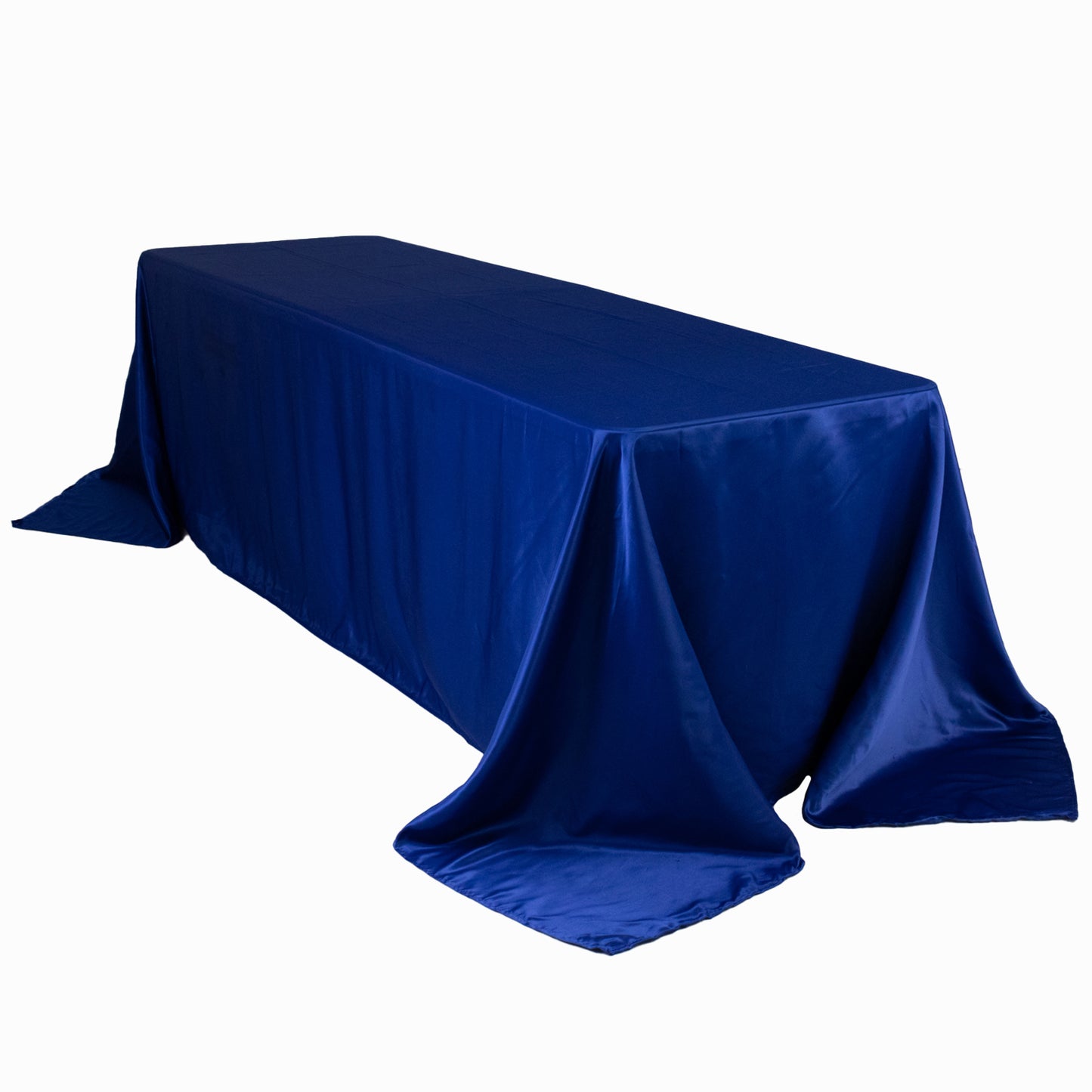 Royal blue seamless satin tablecloth for 8-foot table with floor-length drop.