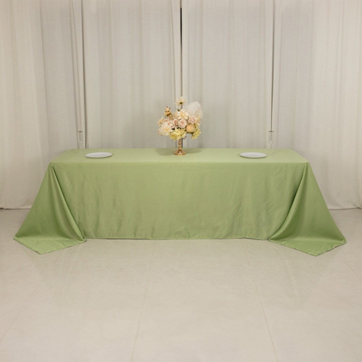 90"x156" Sage Green Seamless Lamour Satin Rectangle Tablecloth for 8 Foot Table With Floor-Length Drop