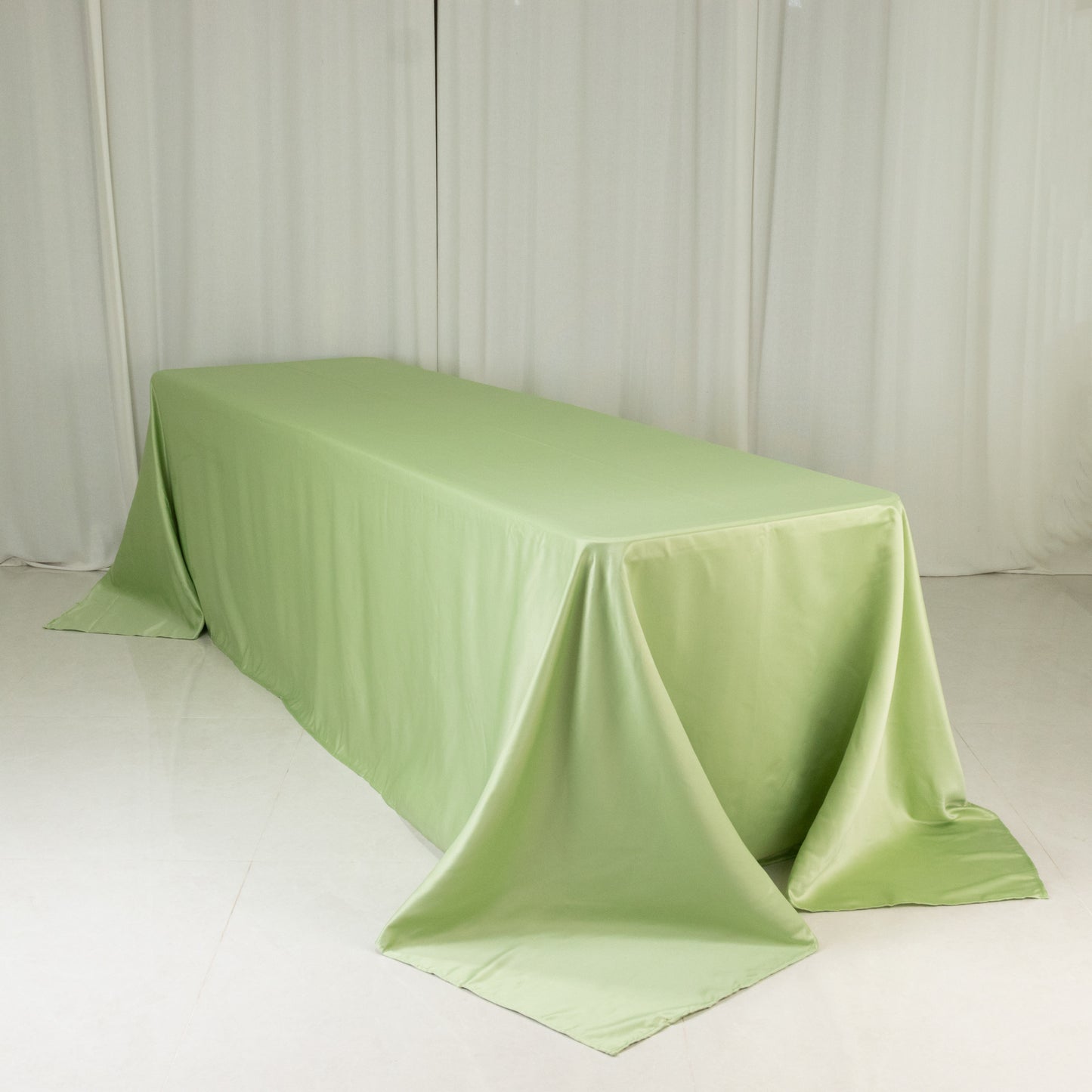 90"x156" Sage Green Seamless Lamour Satin Rectangle Tablecloth for 8 Foot Table With Floor-Length Drop