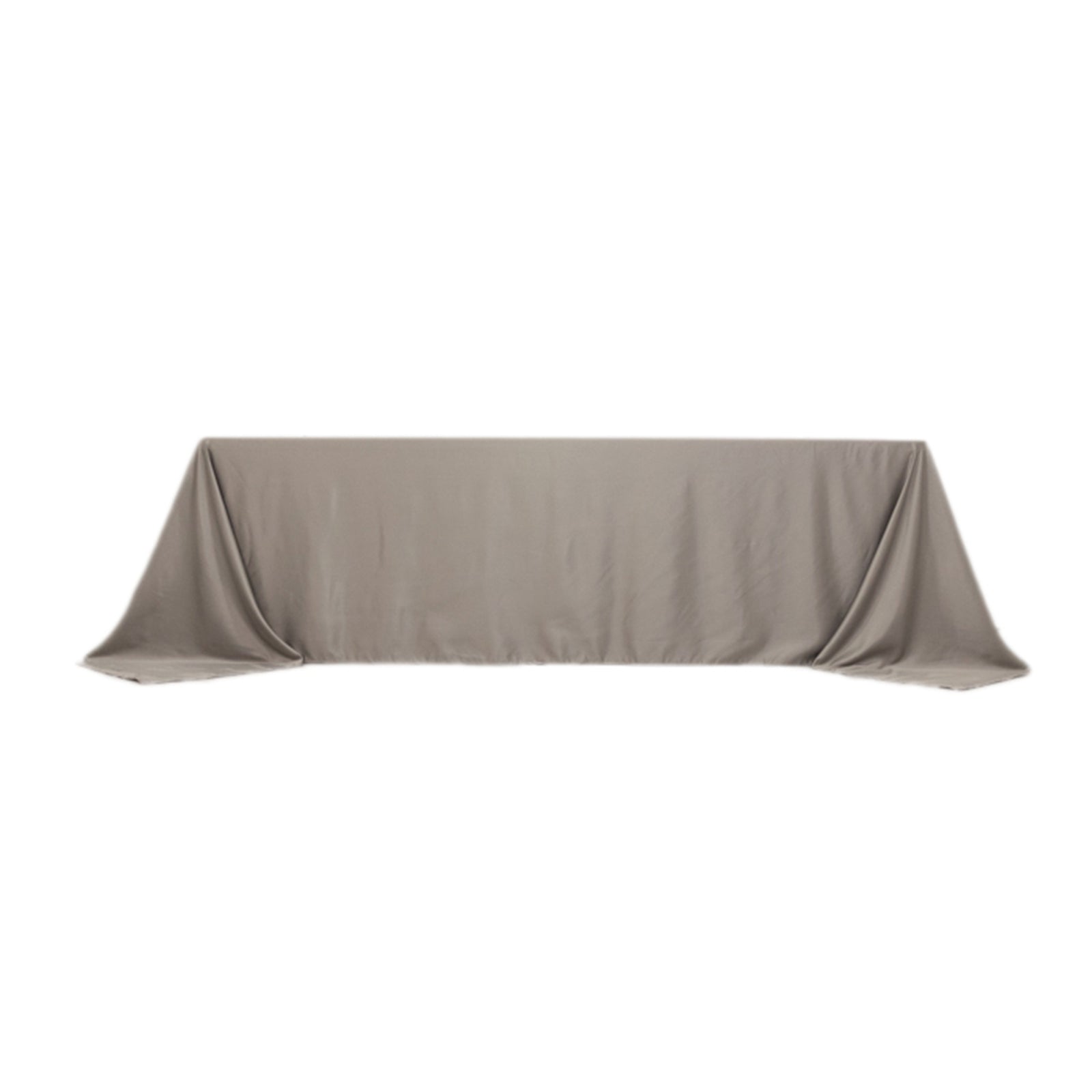 Silver satin tablecloth for 8-foot table with floor-length drop.