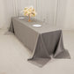 Silver seamless satin tablecloth for 8-foot table with floor-length drop.