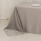Silver satin rectangular tablecloth for 8-foot table with floor-length drop.