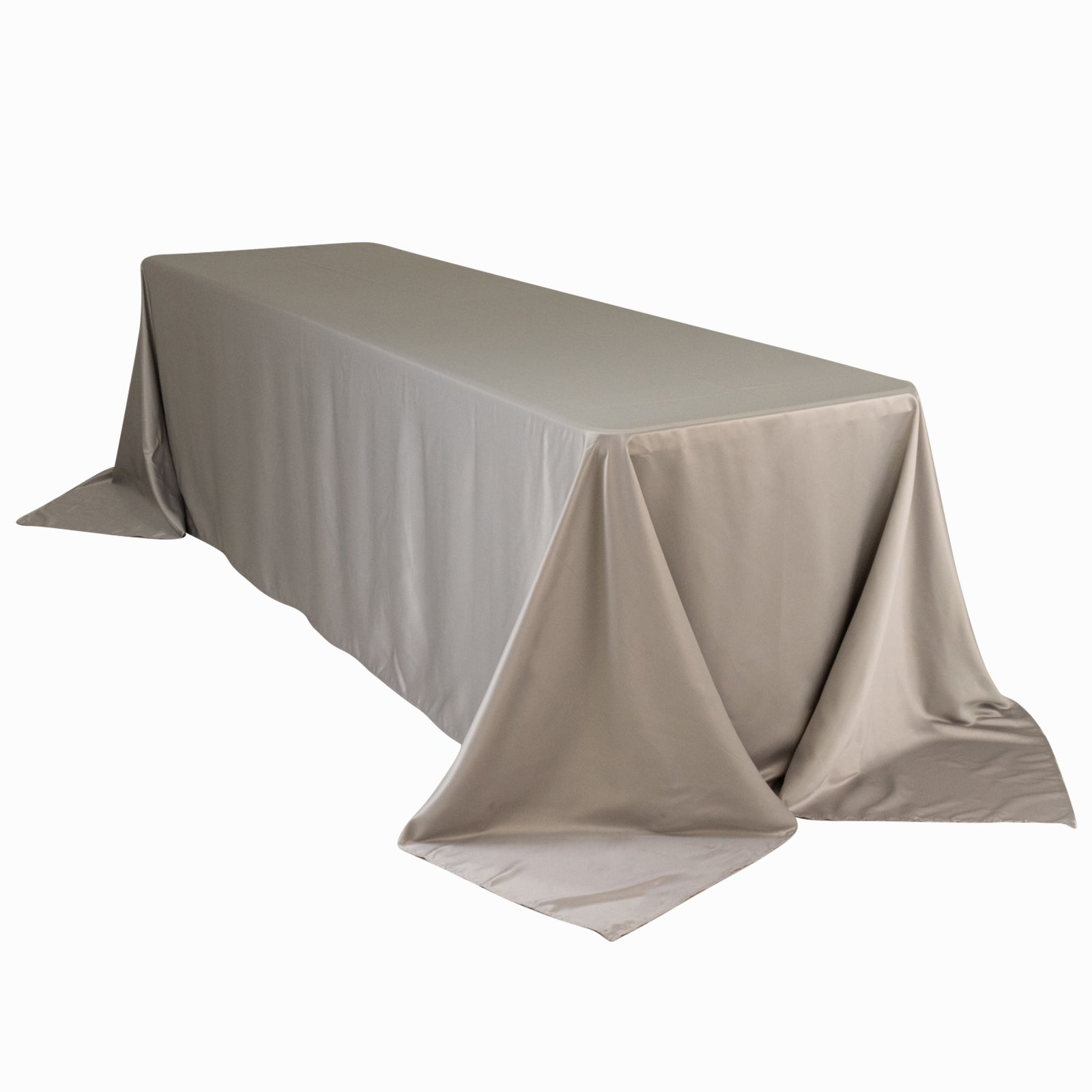 Silver satin tablecloth for an 8-foot table with floor-length drop.