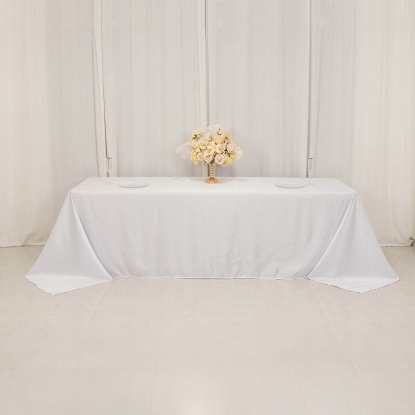 90"x156" White Seamless Lamour Satin Rectangle Tablecloth for 8 Foot Table With Floor-Length Drop