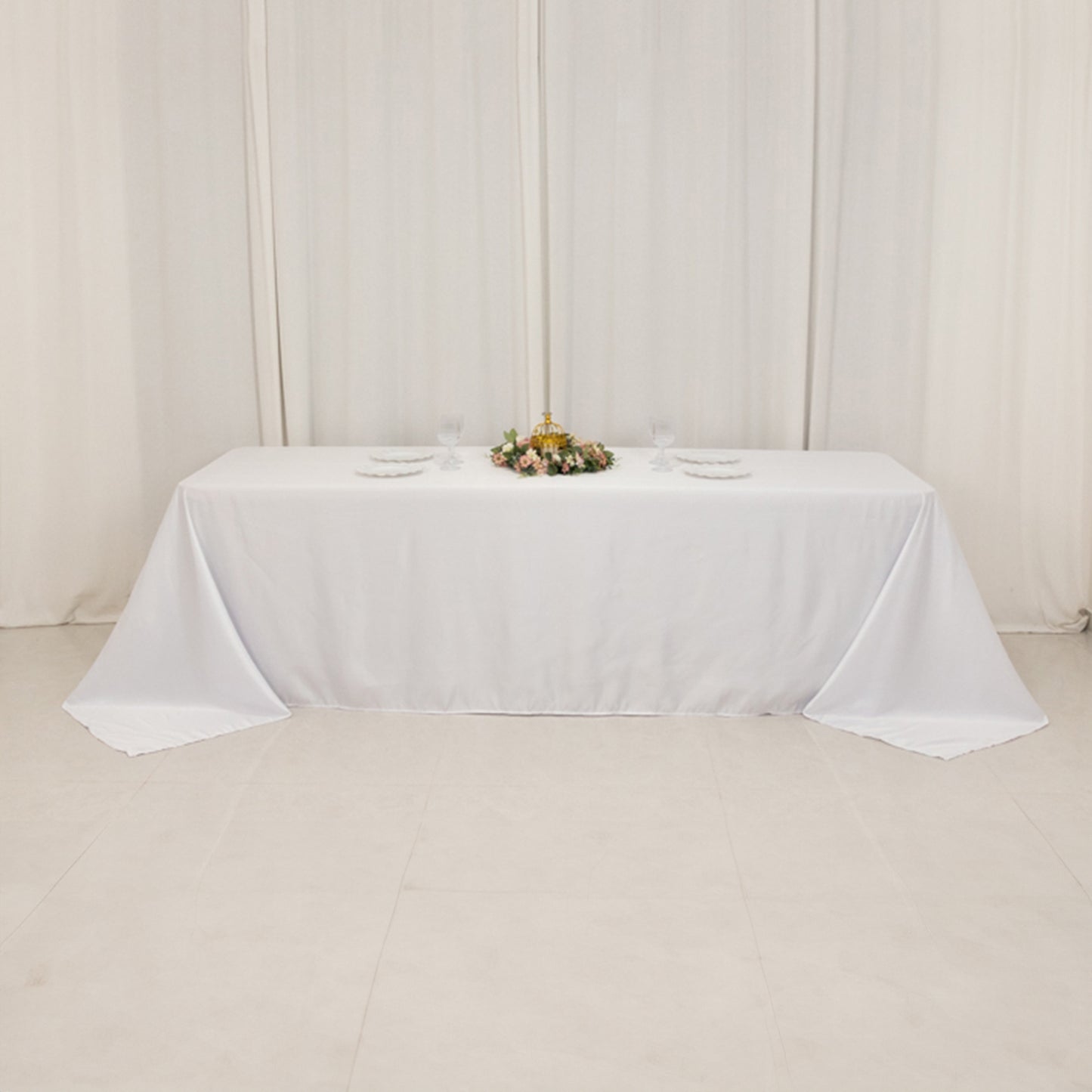 90"x156" White Seamless Lamour Satin Rectangle Tablecloth for 8 Foot Table With Floor-Length Drop