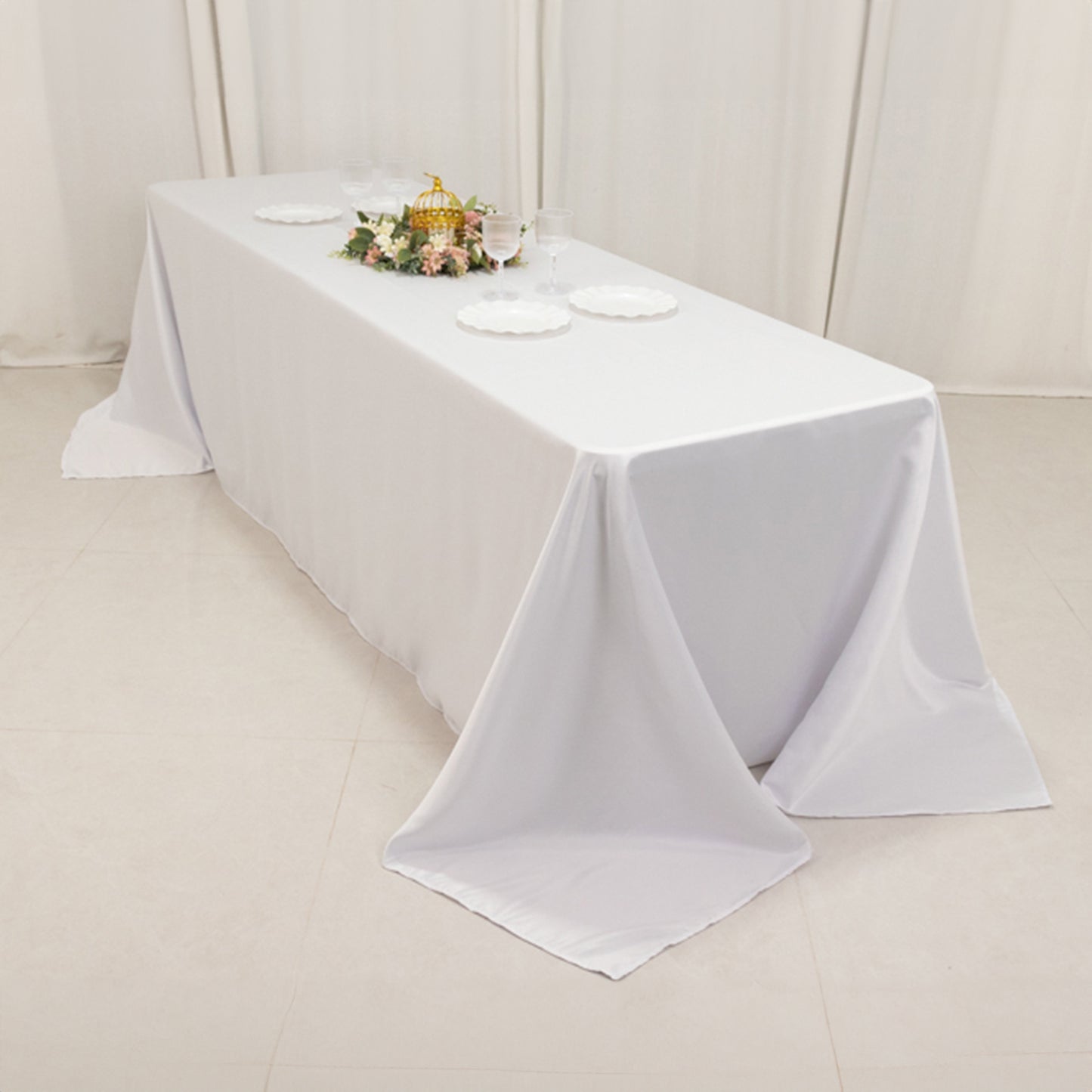 90"x156" White Seamless Lamour Satin Rectangle Tablecloth for 8 Foot Table With Floor-Length Drop