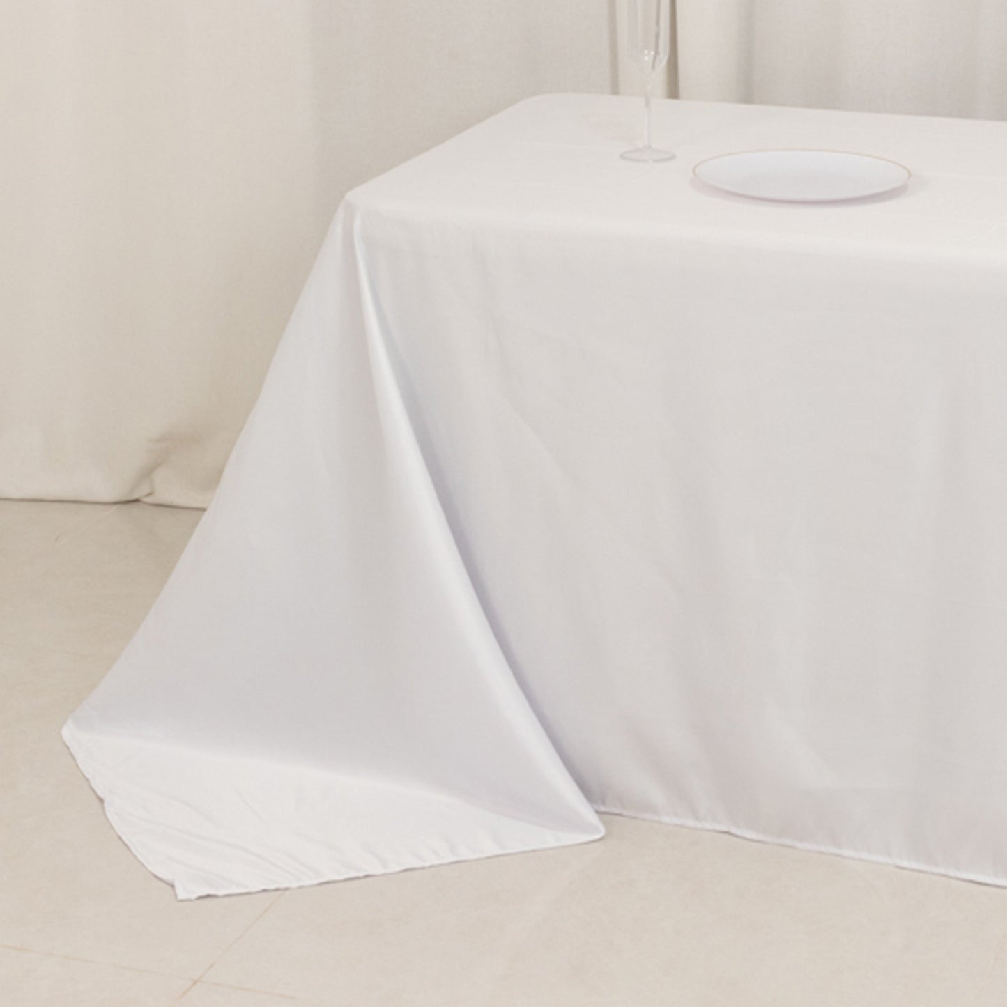 90"x156" White Seamless Lamour Satin Rectangle Tablecloth for 8 Foot Table With Floor-Length Drop