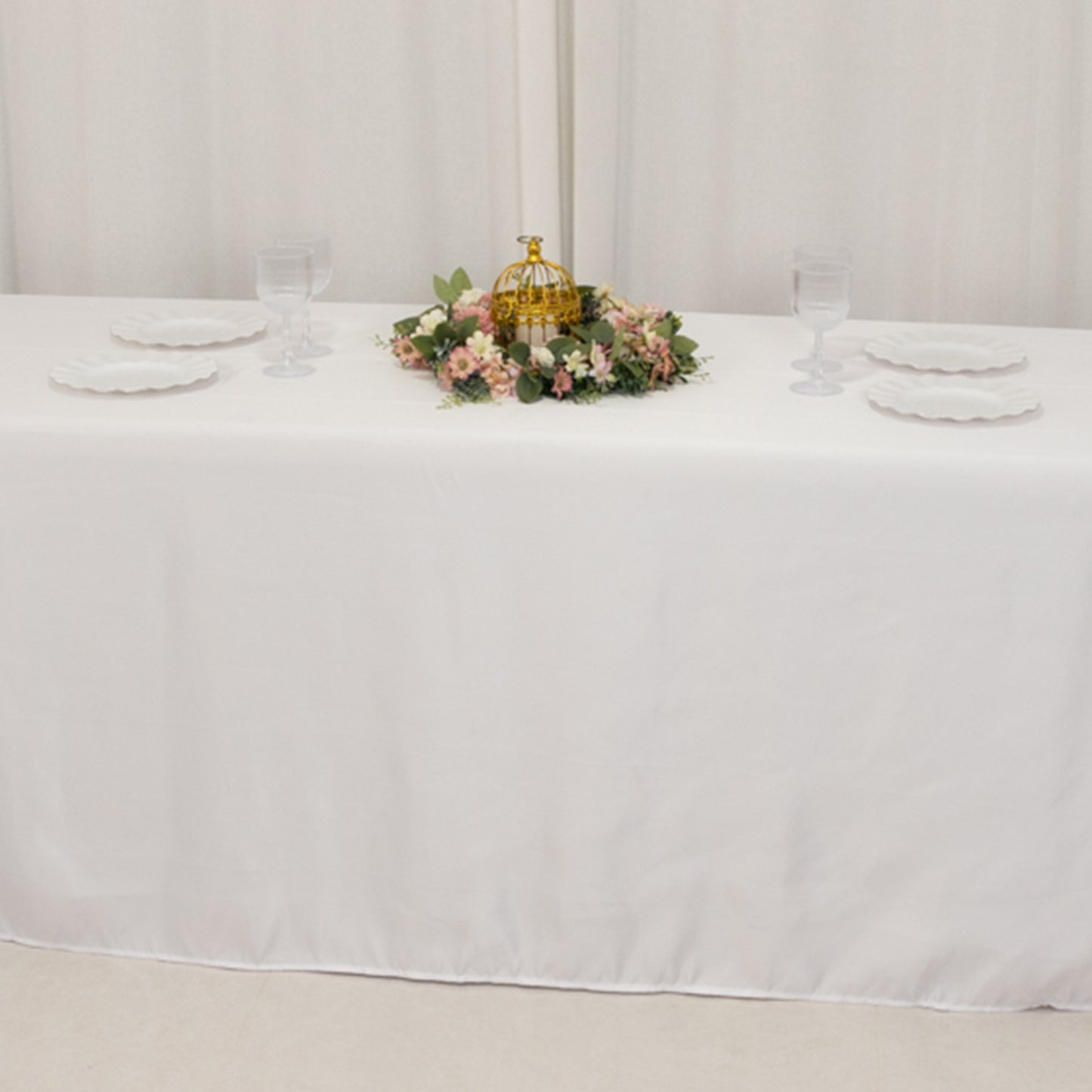 90"x156" White Seamless Lamour Satin Rectangle Tablecloth for 8 Foot Table With Floor-Length Drop