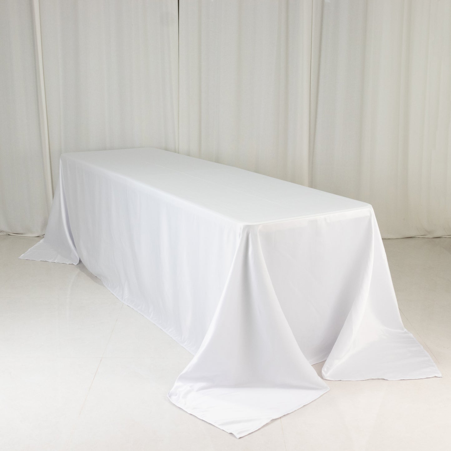 90"x156" White Seamless Lamour Satin Rectangle Tablecloth for 8 Foot Table With Floor-Length Drop
