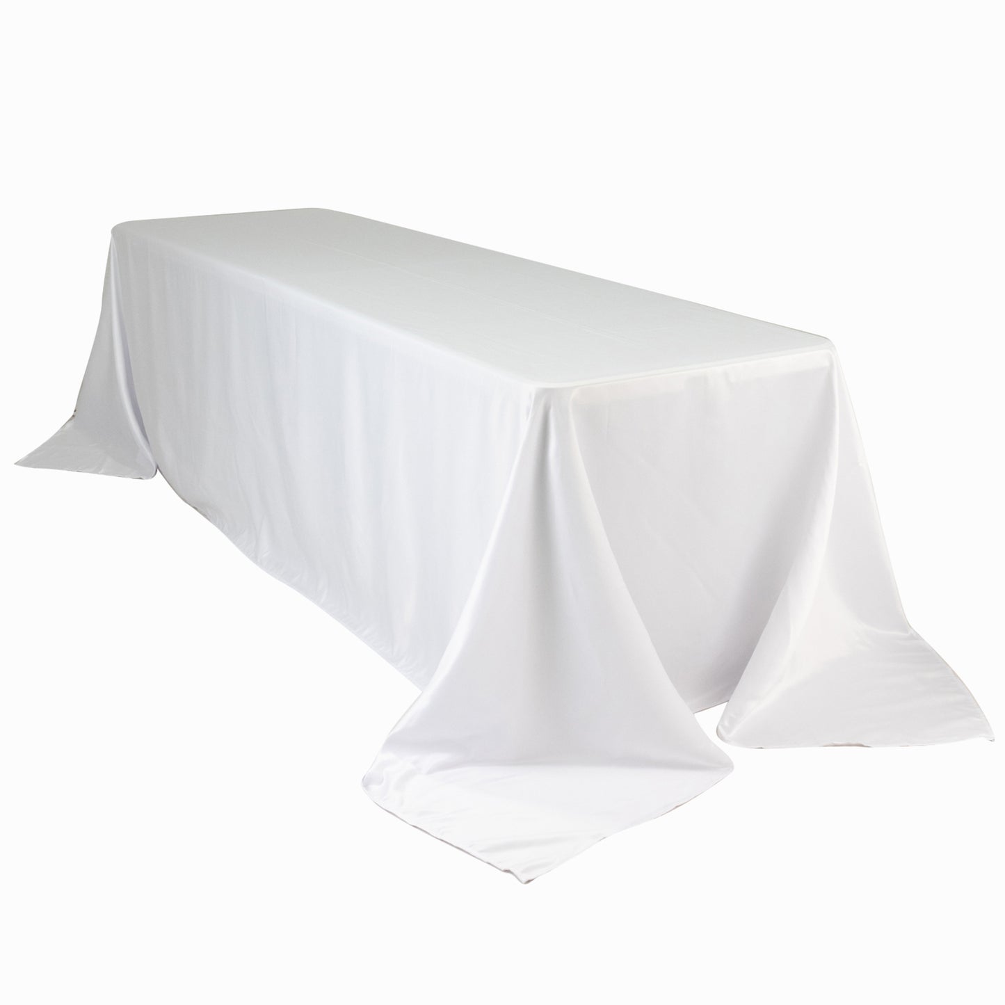 90"x156" White Seamless Lamour Satin Rectangle Tablecloth for 8 Foot Table With Floor-Length Drop