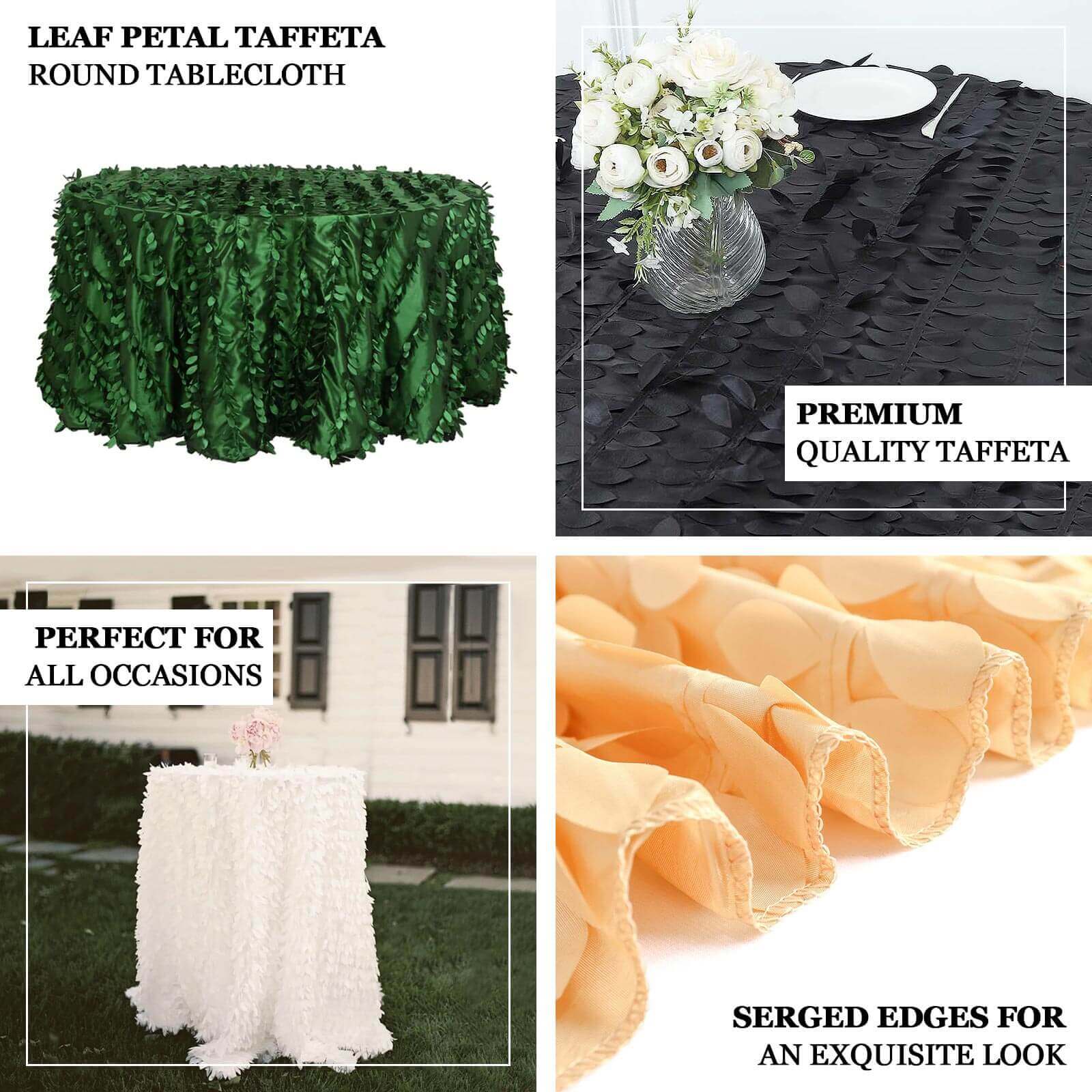 132" Ivory Leaf Petal Taffeta Seamless Round Tablecloth