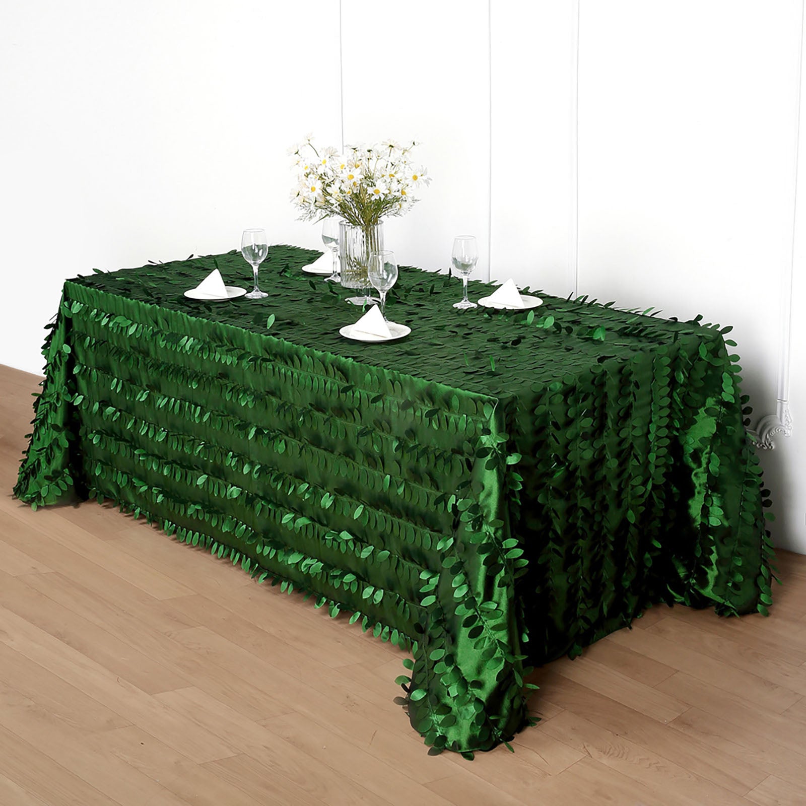 Green Taffeta Tablecloth with Leaf Petal 90 Inch x 132 Inch