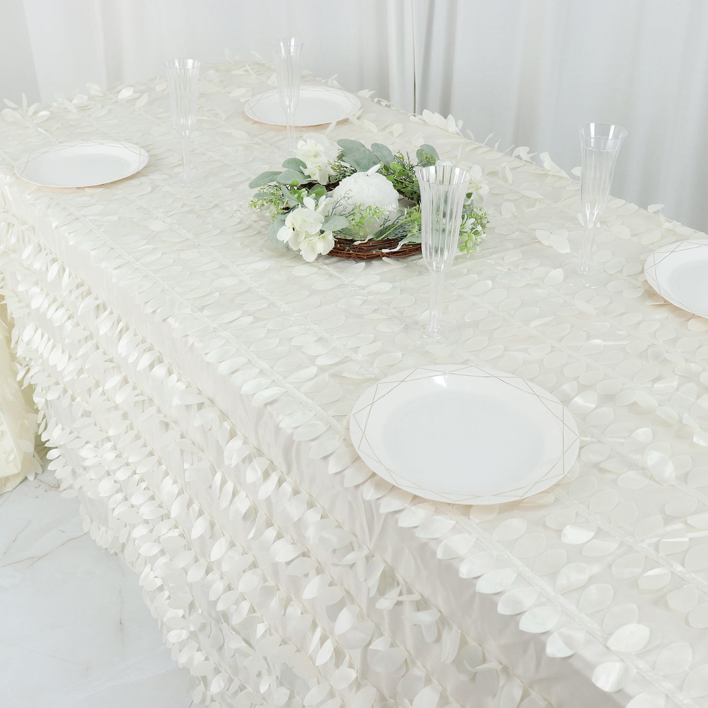 Rectangle Shaped Ivory Colored Leaf Petal Taffeta Tablecloth 90 Inch x 132 Inch