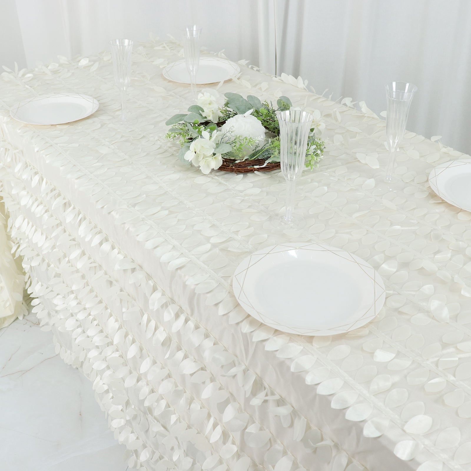 Rectangle Shaped Ivory Colored Leaf Petal Taffeta Tablecloth 90 Inch x 132 Inch