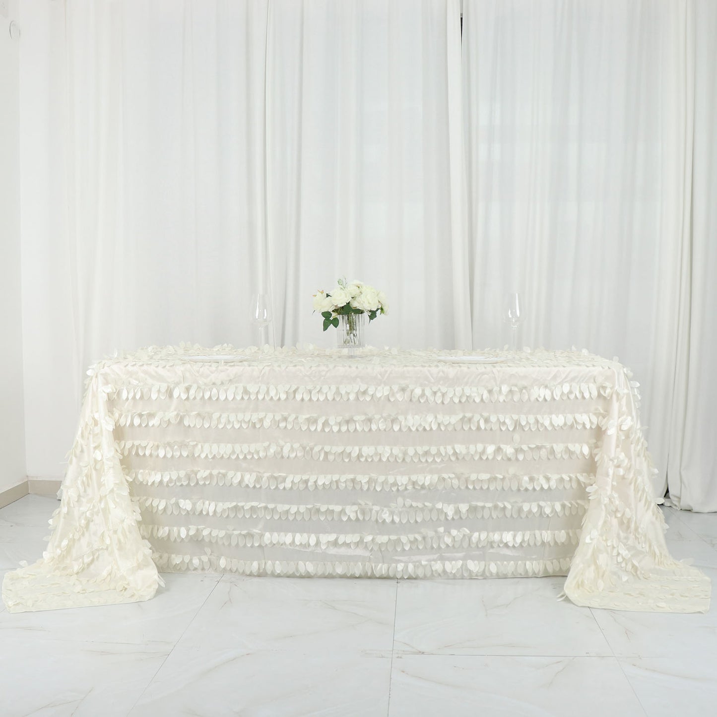 90"x132" Ivory Leaf Petal Taffeta Seamless Rectangle Tablecloth