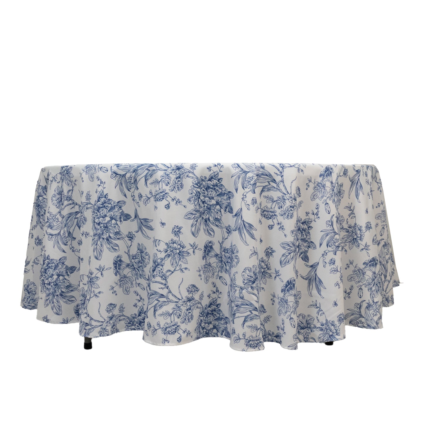 Polyester 108" Round Tablecloth White - Blue French Toile Pattern for Chic Weddings