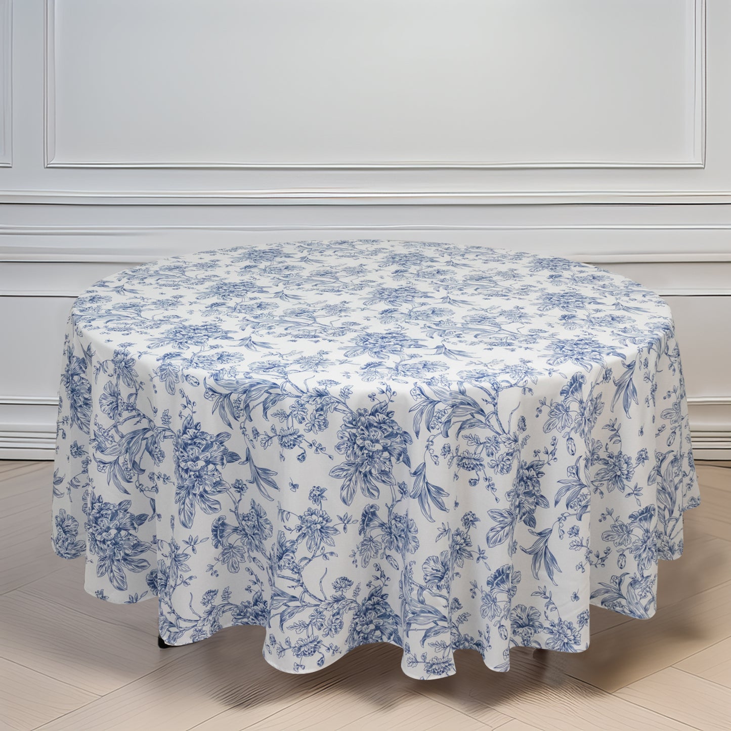 Polyester 108" Round Tablecloth White - Blue French Toile Pattern for Chic Weddings