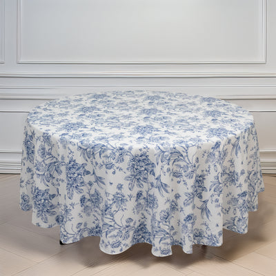 Polyester Round Tablecloth 108" White with Blue French Toile Pattern
