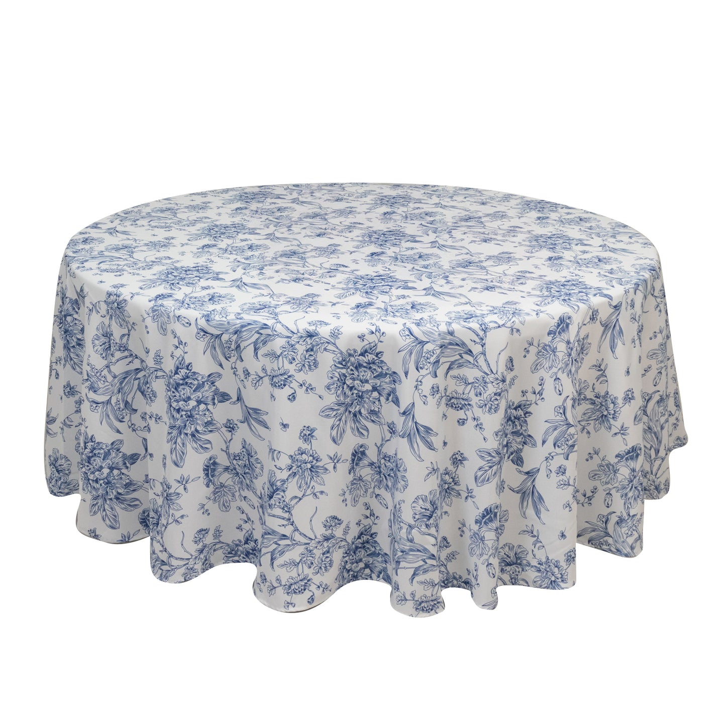 Polyester 108" Round Tablecloth White - Blue French Toile Pattern for Chic Weddings