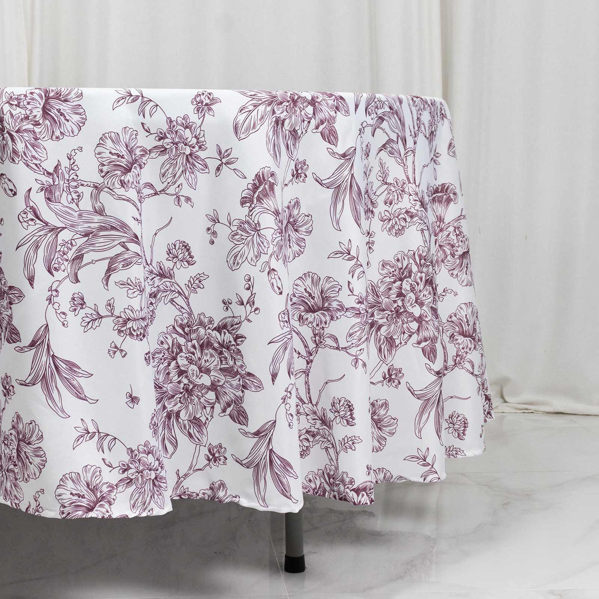 Polyester 108" Round Tablecloth White - Burgundy French Toile Pattern for Chic Weddings