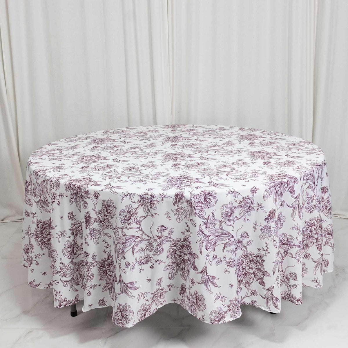 Polyester 108" Round Tablecloth White - Burgundy French Toile Pattern for Chic Weddings