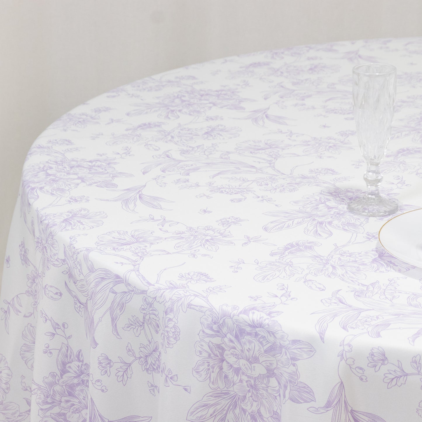 Polyester 108" Round Tablecloth White - Lavender Lilac French Toile Pattern for Chic Weddings