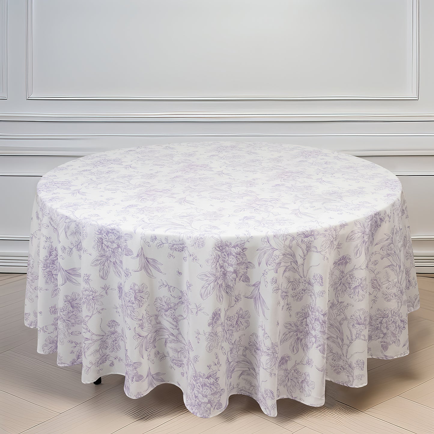Polyester 108" Round Tablecloth White - Lavender Lilac French Toile Pattern for Chic Weddings