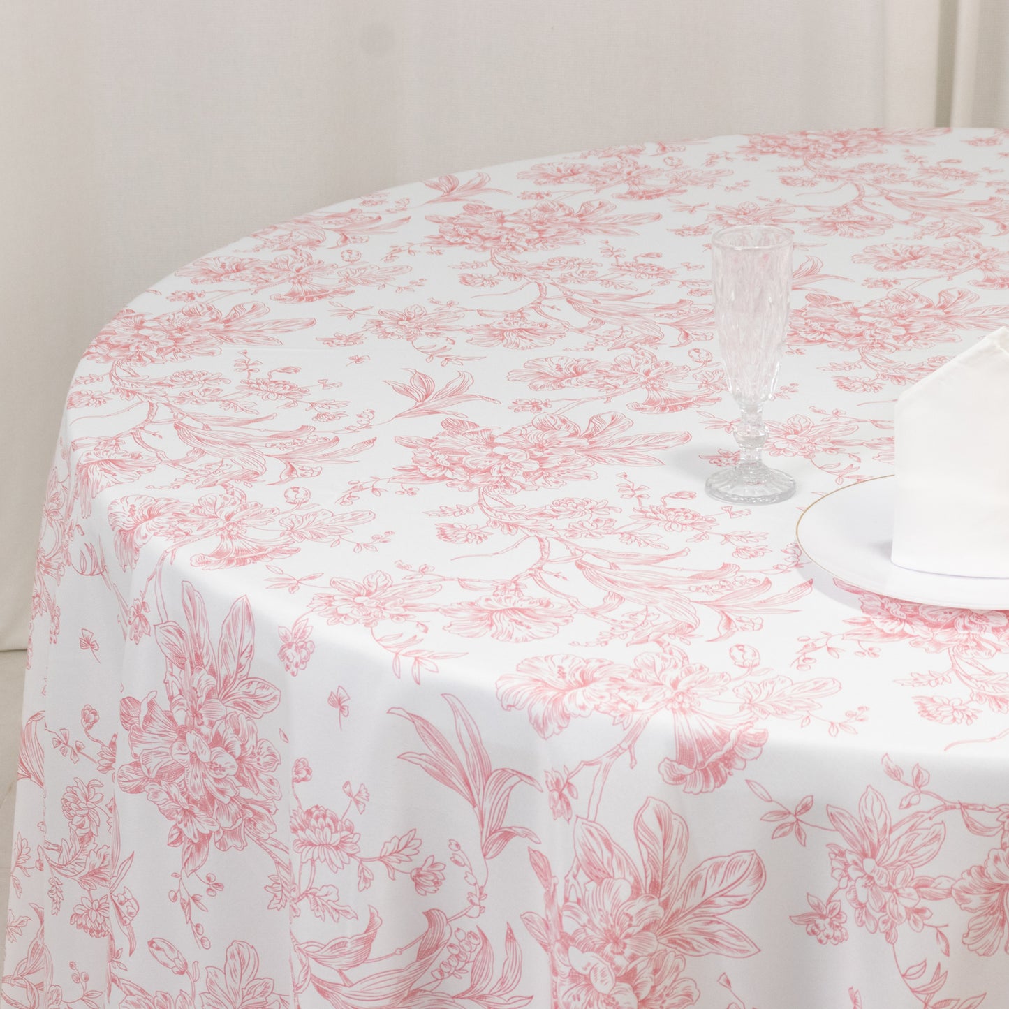 Polyester 108" Round Tablecloth White - Pink French Toile Pattern for Chic Weddings