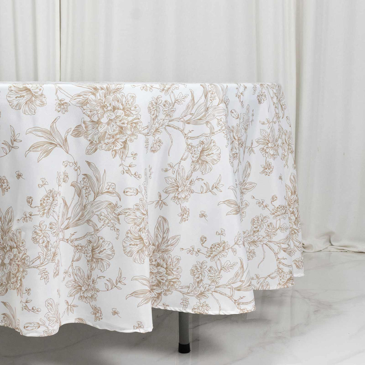 Polyester 108" Round Tablecloth White - Taupe French Toile Pattern for Chic Weddings