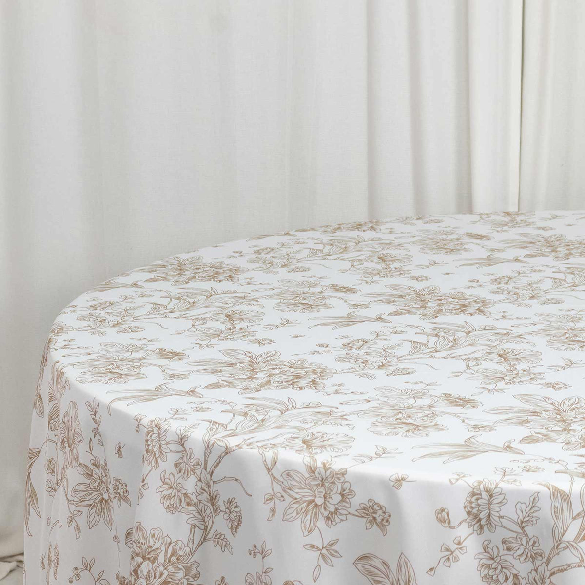 Polyester 108" Round Tablecloth White - Taupe French Toile Pattern for Chic Weddings
