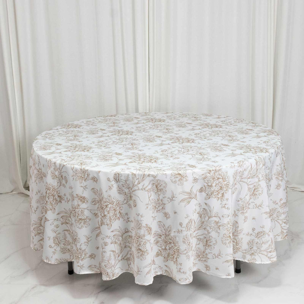 Polyester 108" Round Tablecloth White - Taupe French Toile Pattern for Chic Weddings