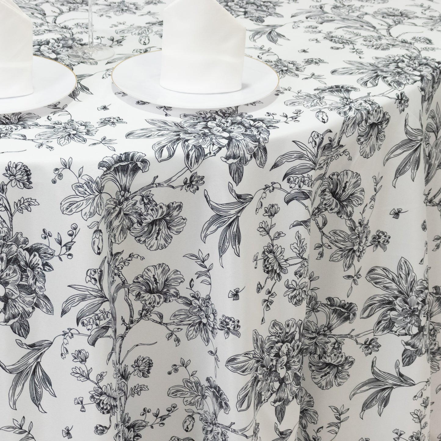 Polyester 120" Round Tablecloth White - Black French Toile Pattern for Chic Weddings