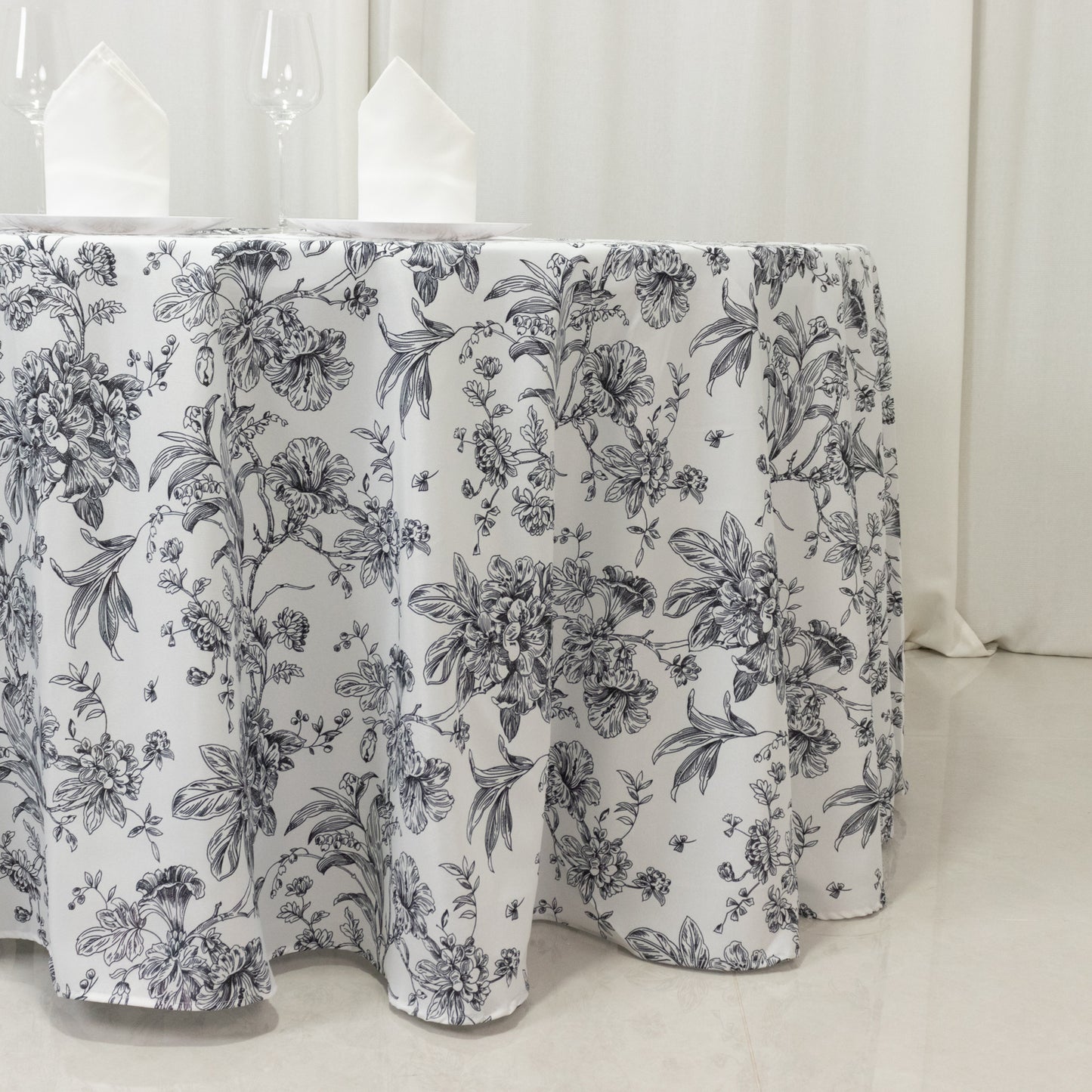 Polyester 120" Round Tablecloth White - Black French Toile Pattern for Chic Weddings
