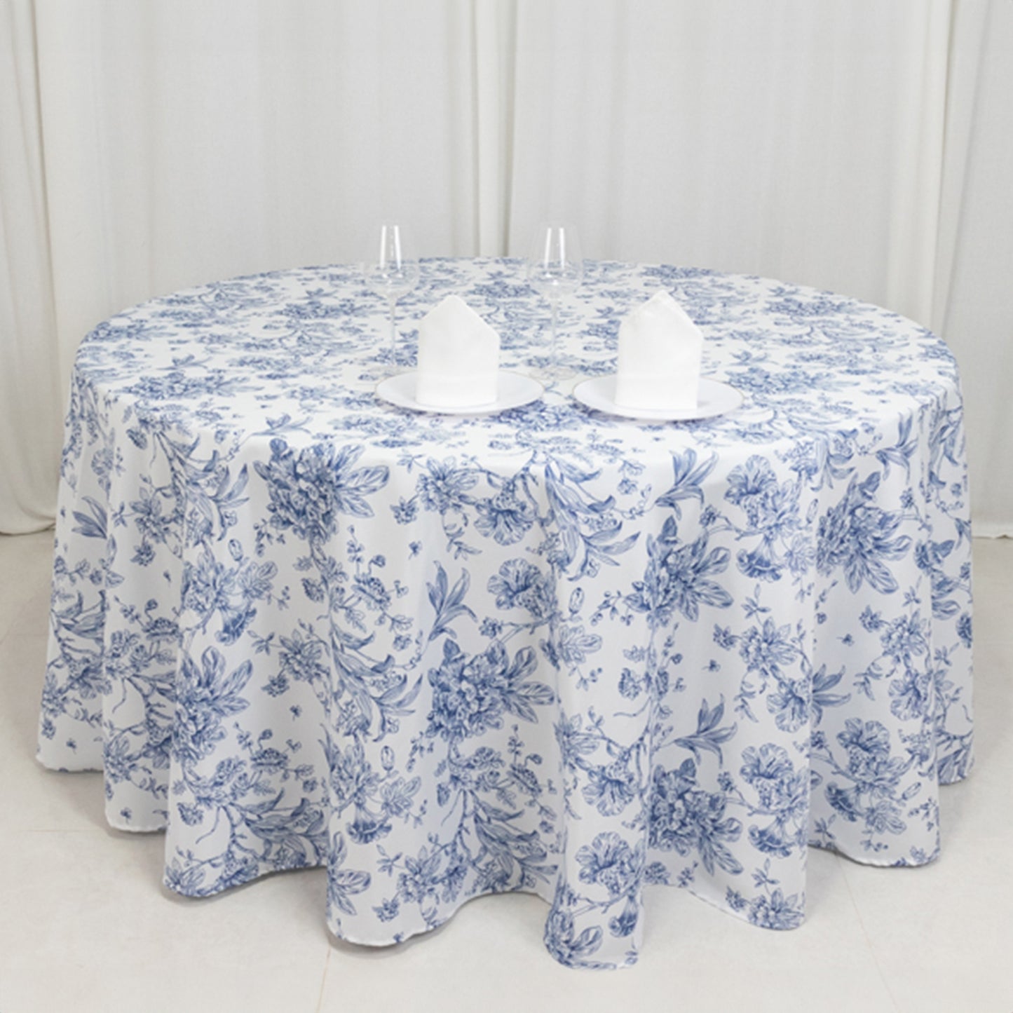 120" White Blue French Toile Polyester Round Tablecloth, Floral Table Cloth for Dining Tables