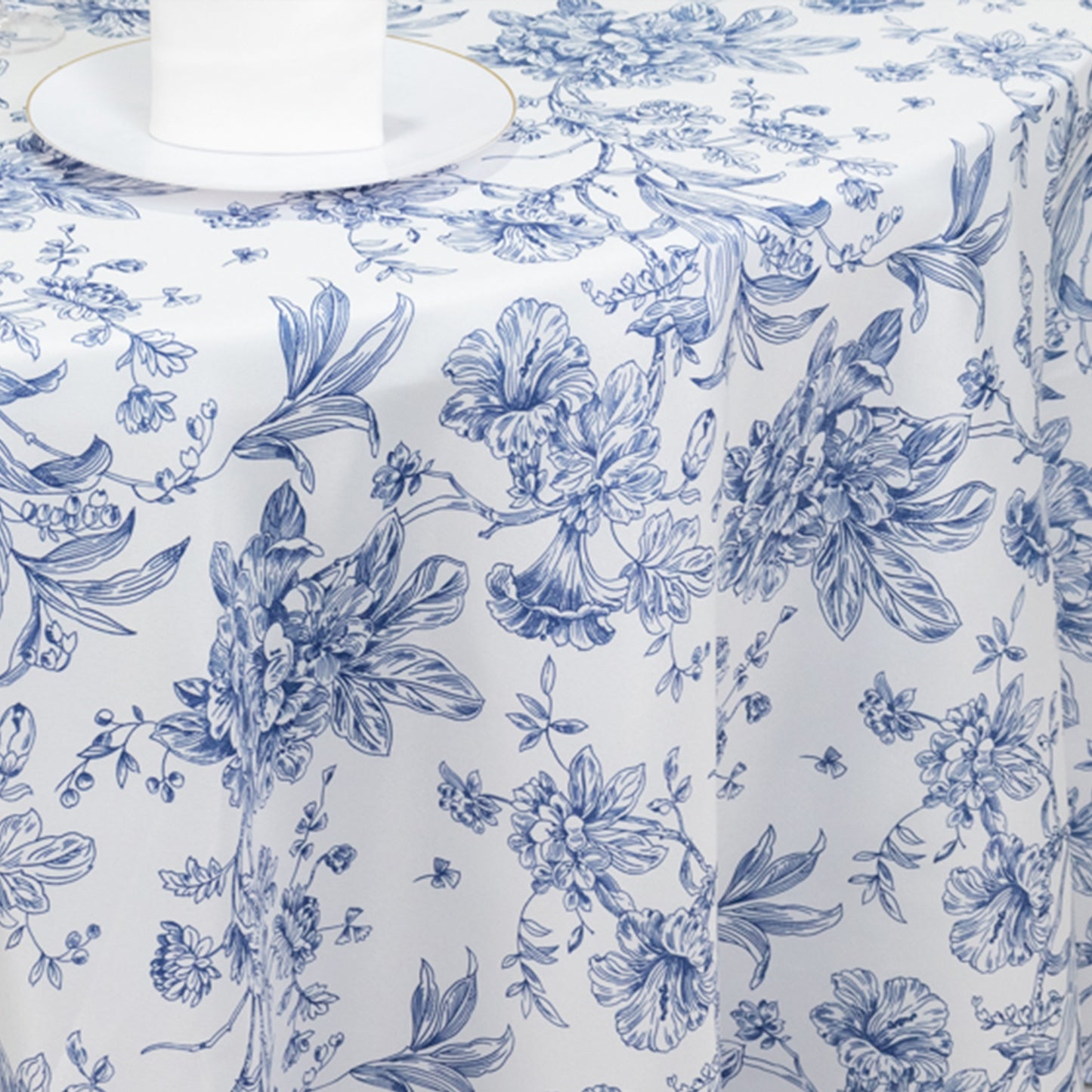 120" White Blue French Toile Polyester Round Tablecloth, Floral Table Cloth for Dining Tables