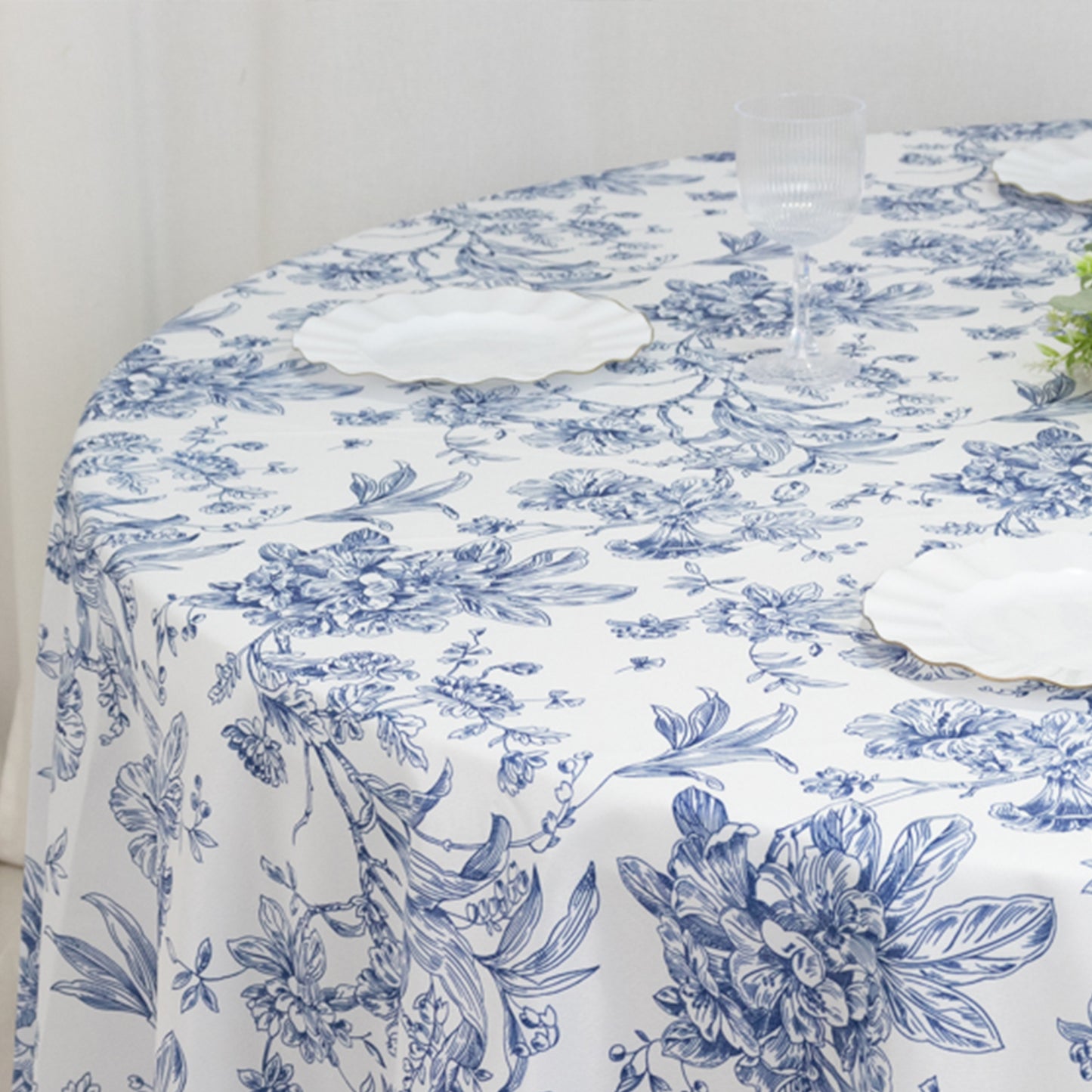 120" White Blue French Toile Polyester Round Tablecloth, Floral Table Cloth for Dining Tables