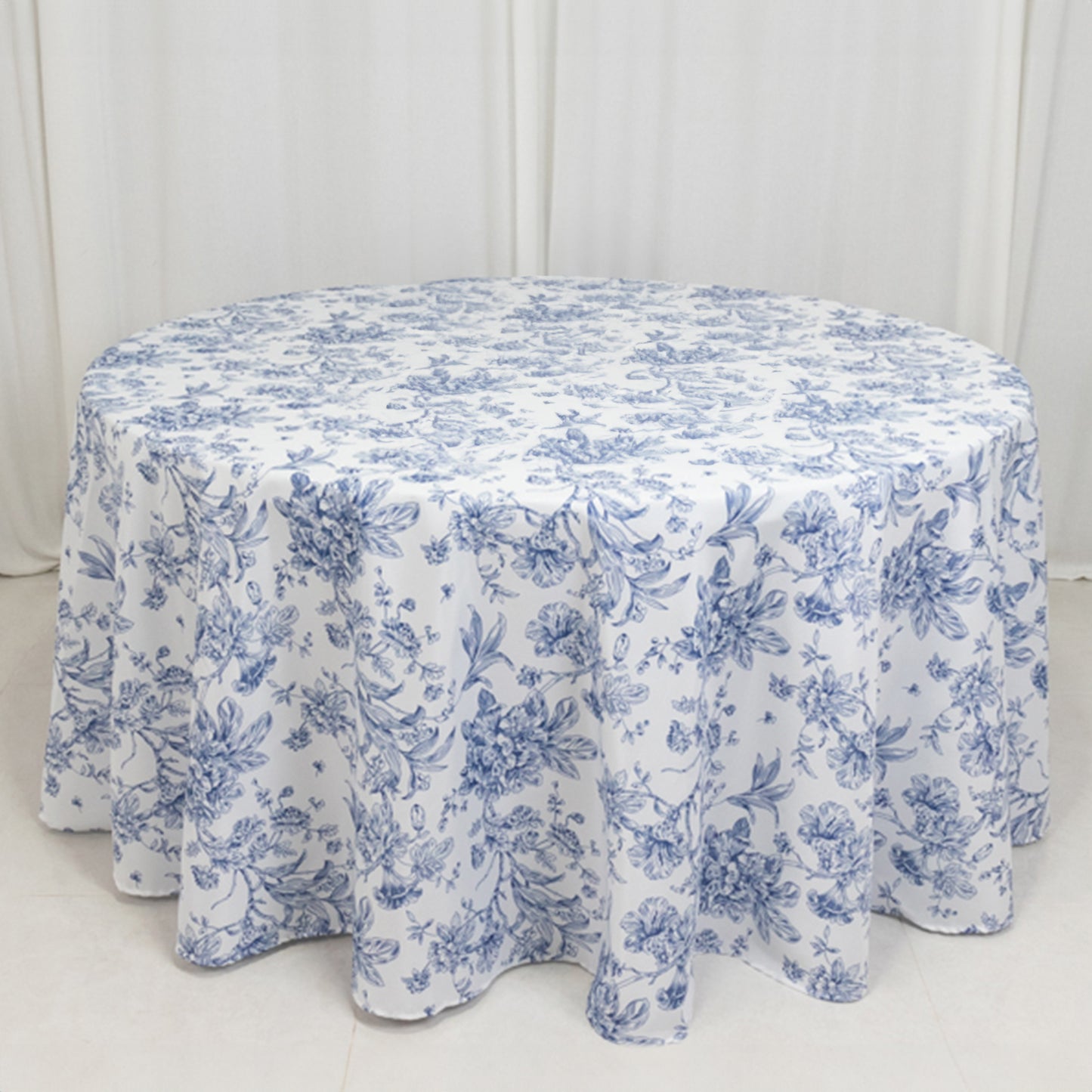 120" White Blue French Toile Polyester Round Tablecloth, Floral Table Cloth for Dining Tables