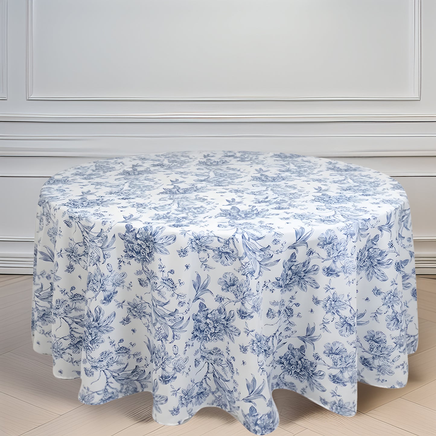 120" White Blue French Toile Polyester Round Tablecloth, Floral Table Cloth for Dining Tables