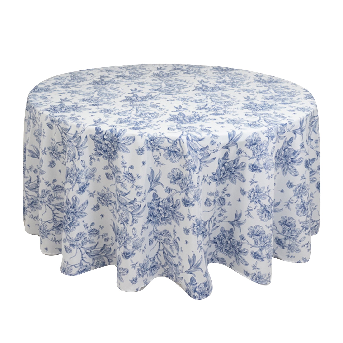 120" White Blue French Toile Polyester Round Tablecloth, Floral Table Cloth for Dining Tables