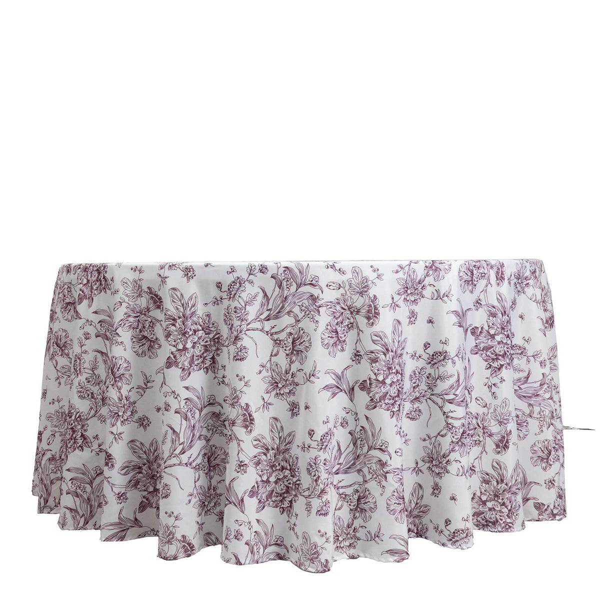Polyester 120" Round Tablecloth White - Burgundy French Toile Pattern for Chic Weddings