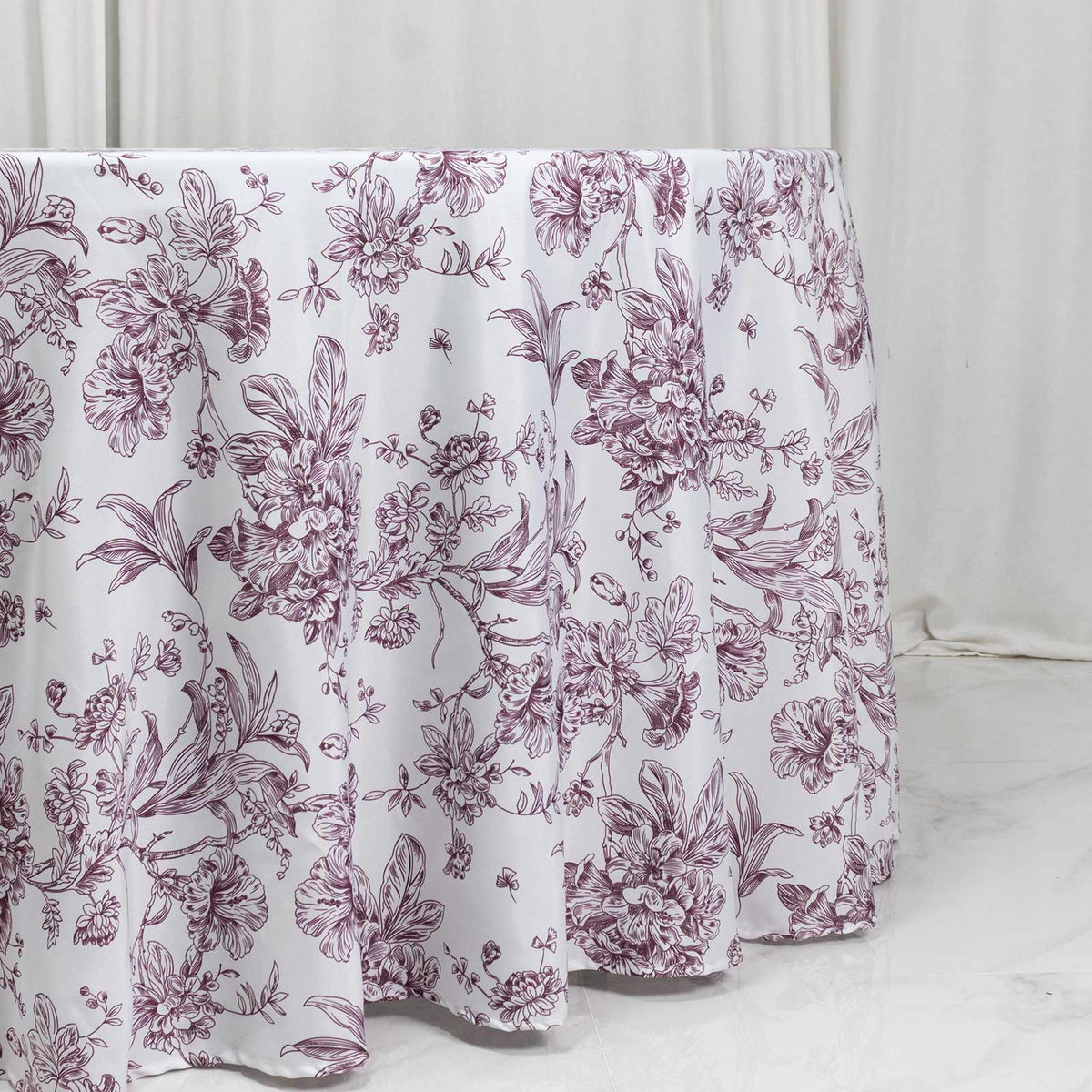 Polyester 120" Round Tablecloth White - Burgundy French Toile Pattern for Chic Weddings