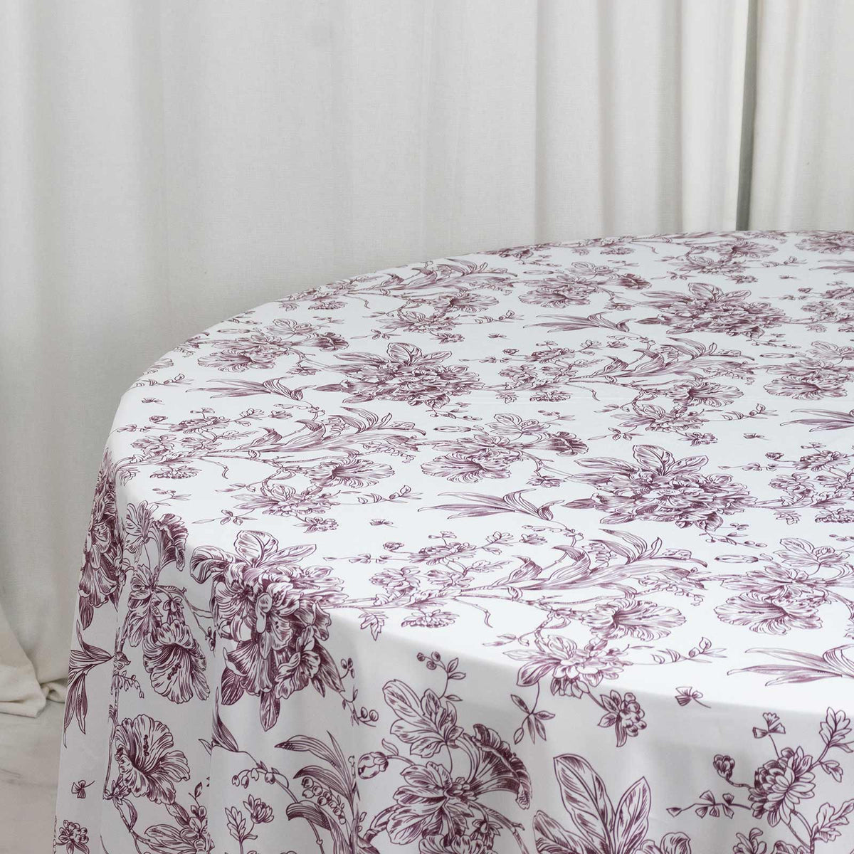 Polyester 120" Round Tablecloth White - Burgundy French Toile Pattern for Chic Weddings