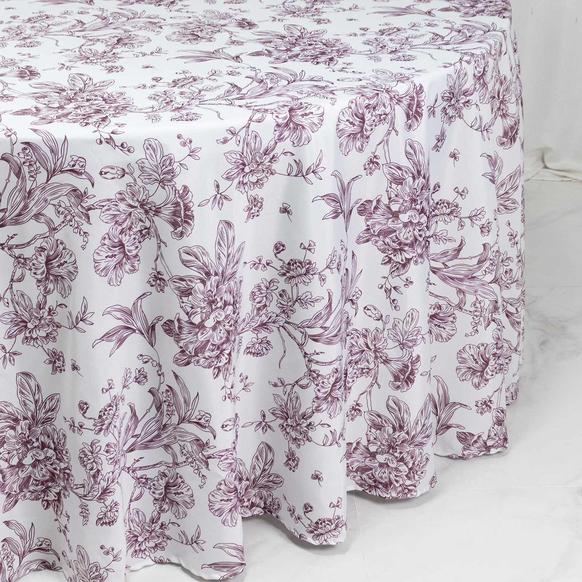 Polyester 120" Round Tablecloth White - Burgundy French Toile Pattern for Chic Weddings